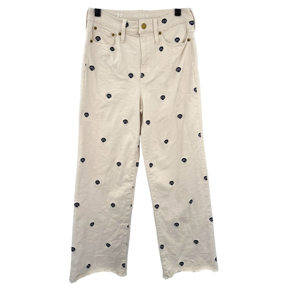 J.Crew Slim Crop Wide Leg Jeans Off White Shell Embroidered Nautical Coastal 27